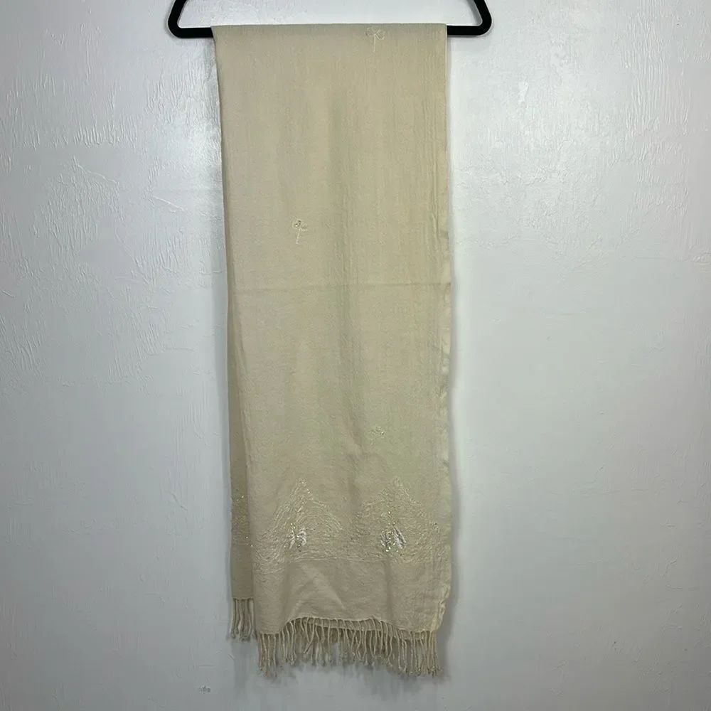 Frangi Tie Rack Wool Cream Color Christmas Tree Embroidered Beaded Scarf